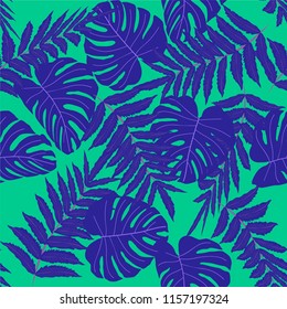 Vector seamless tropical pattern, bright tropical foliage, monstera leaves. Modern bright summer print design from thickets of tropical leaves from the jungle.