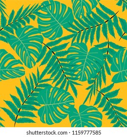 Vector seamless tropical pattern, bright tropical foliage, monstera leaves. Modern bright summer print design from thickets of tropical leaves from the jungle.