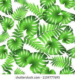 Vector seamless tropical pattern, bright tropical foliage, monstera leaves. Modern bright summer print design from thickets of tropical leaves from the jungle.
