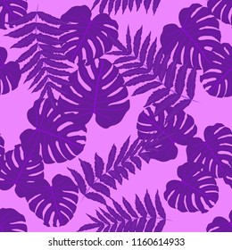 Vector seamless tropical pattern, bright tropical foliage, monstera leaves. Modern bright summer print design from thickets of tropical leaves from the jungle.