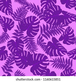 Vector seamless tropical pattern, bright tropical foliage, monstera leaves. Modern bright summer print design from thickets of tropical leaves from the jungle.