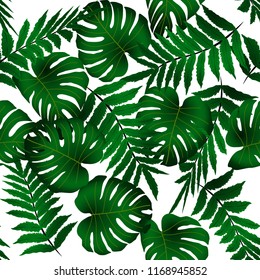 Vector seamless tropical pattern, bright tropical foliage, monstera leaves. Modern bright summer print design from thickets of tropical leaves from the jungle.