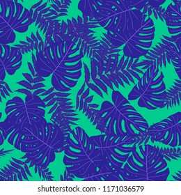 Vector seamless tropical pattern, bright tropical foliage, monstera leaves. Modern bright summer print design from thickets of tropical leaves from the jungle.