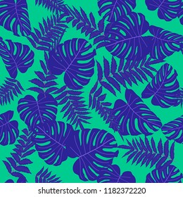 Vector seamless tropical pattern, bright tropical foliage, monstera leaves. Modern bright summer print design from thickets of tropical leaves from the jungle.