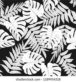 Vector seamless tropical pattern, bright tropical foliage, monstera leaves. Modern bright summer print design from thickets of tropical leaves from the jungle.