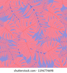 Vector seamless tropical pattern, bright tropical foliage, monstera leaves. Modern bright summer print design from thickets of tropical leaves from the jungle.