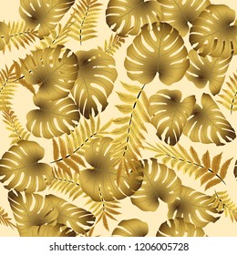 Vector seamless tropical pattern, bright tropical foliage, monstera leaves. Modern bright summer print design from thickets of tropical leaves from the jungle.