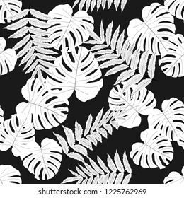 Vector seamless tropical pattern, bright tropical foliage, monstera leaves. Modern bright summer print design from thickets of tropical leaves from the jungle.