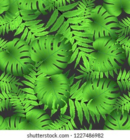 Vector seamless tropical pattern, bright tropical foliage, monstera leaves. Modern bright summer print design from thickets of tropical leaves from the jungle.