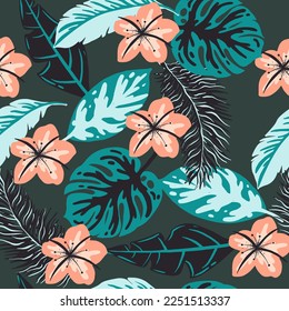 Vector seamless tropical pattern, bright tropical foliage, monsters with leaves, palm leaves, bird of paradise flower, hibiscus in bloom. modern bright summer stamp design