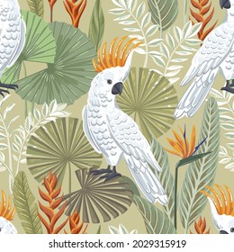 Vector seamless tropical pattern with cockatoo and exotic leaves. White birds on a green background. Modern bright illustration for print.