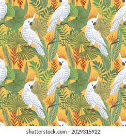 Vector seamless tropical pattern with cockatoo and exotic leaves. White birds on a yellow background. Modern bright illustration for print.
