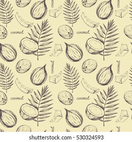 Vector seamless tropical pattern with coconut on beige. Hand drawn food illustration in vintage style for print, textile, wrapping and other seamless design.