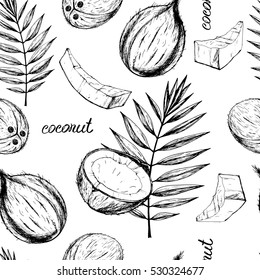 Vector seamless tropical pattern with coconut. Hand drawn food illustration in vintage style for print, textile, wrapping and other seamless design. Black and white.