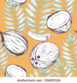 Vector seamless tropical pattern with coconut. Hand drawn food illustration in vintage style for print, textile, wrapping and other seamless design. Colored on orange.