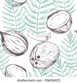 Vector seamless tropical pattern with coconut in vintage color on white. Hand drawn food illustration in retro style for print, textile, wrapping and other seamless design. 