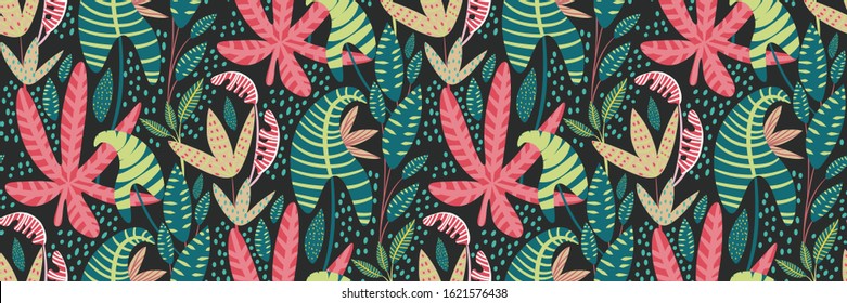 Vector seamless tropical pattern, colorful tropic foliage, palm leaves, paradise plants. Creative bright summer print design in a hand-drawn style. Exotic jungle background, fashion print, wallpaper.