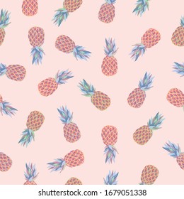 Vector seamless tropical pattern. Colorful pink blue green yellow pineapples. Pink summer texture. Fruit illustration