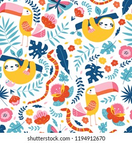 Vector seamless tropical pattern with cute animal characters, toucan, sloth, snake, butterfly