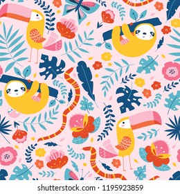 Vector seamless tropical pattern with cute animal characters, toucan, sloth, snake, butterfly