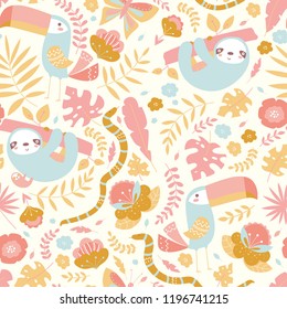 Vector seamless tropical pattern with cute animal characters, toucan, sloth, snake, butterfly