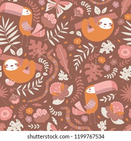 Vector seamless tropical pattern with cute animal characters, toucan, sloth, snake, butterfly