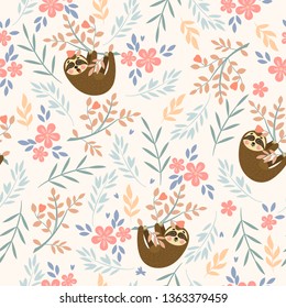 Vector seamless tropical pattern with cute sloths. Can be used for wallpaper, pattern fills, surface textures, fabric prints