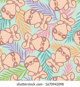 Vector seamless tropical pattern with cute sloth. Vector pattern with sloth superhero and tropical plants. Slothes and exotic plants.