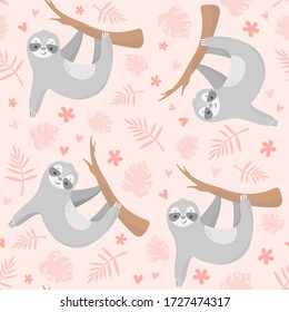 Vector seamless tropical pattern with cute sloth, tropical leaves, flowers and heart. Hand drawn pink background with funny sloth hanging on the tree