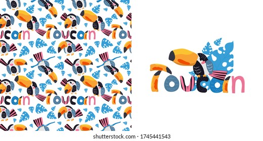 Vector seamless tropical pattern with cute animal character toucans and leaves in pink, blue, yellow colors, funny text toucan. Summer background for fabric, wallpaper, textile, wrapping paper ets.