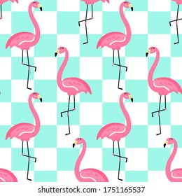 Vector seamless tropical pattern with cute pink flamingo on turquoise background. Minimalistic trendy background of beautiful exotic birds. Backdrop for textile, prints, decoration, fabric