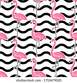 Vector seamless tropical pattern with cute pink flamingo on black wavy lines background. Minimalistic trendy background of beautiful exotic birds. Backdrop for textile, prints, decoration, fabric