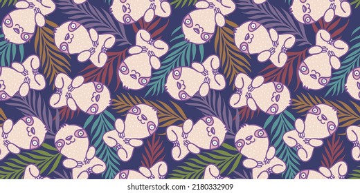 Vector seamless tropical pattern with cute sloth and palm leaves. Vector pattern with sloth superhero and tropical plants. Slothes and exotic plants.