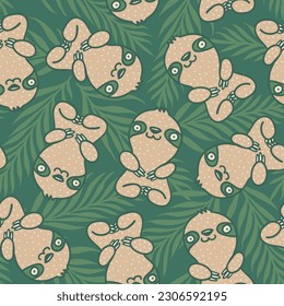 Vector seamless tropical pattern with cute sloth. Vector pattern with sloth superhero and tropical plants. Slothes and exotic plants.