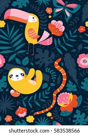 Vector seamless tropical pattern with cute animal characters, toucan, sloth, snake, butterfly
