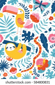 Vector Seamless Tropical Pattern With Cute Animal Characters, Toucan, Sloth, Snake, Butterfly
