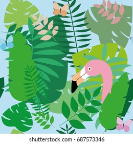 Vector seamless tropical pattern with cute Flamingo and butterfly plants, palm leaves on a blue background. Vector illustration in flat design.