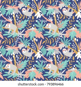 Vector seamless tropical pattern with cute sloths. Hand drawn design for fabric in scandinavian style.