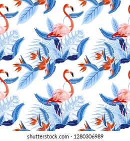 Vector seamless tropical pattern, exotic birds, vivid tropic foliage, with monstera leaf, palm leaves, bird of paradise flower. Pattern trend design.