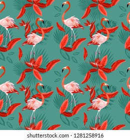 Vector seamless tropical pattern, exotic birds, vivid tropic foliage, with monstera leaf, palm leaves, bird of paradise flower. Pattern trend design.