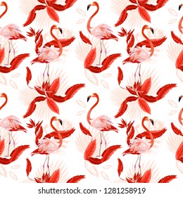 Vector seamless tropical pattern, exotic birds, vivid tropic foliage, with monstera leaf, palm leaves, bird of paradise flower. Pattern trend design.