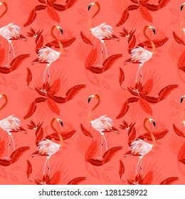 Vector seamless tropical pattern, exotic birds, vivid tropic foliage, with monstera leaf, palm leaves, bird of paradise flower. Pattern trend design.