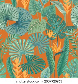 Vector seamless tropical pattern with exotic leaves. Modern bright summer foliage print. Vector illustration