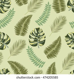 Vector Seamless Tropical Pattern. Flower pattern with of tropical leaves (palm leaves, monstera leaves and others).  Ideally for design posters, wallpaper, fashion pattern, of advertising and etc.