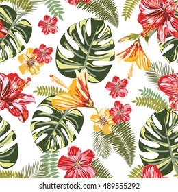 Vector Seamless Tropical Pattern. Seamless pattern with of tropical Flower and Leaves (Hibiscus, palm leaves, monstera leaves and others). Ideally for design wallpaper, fashion pattern and etc.