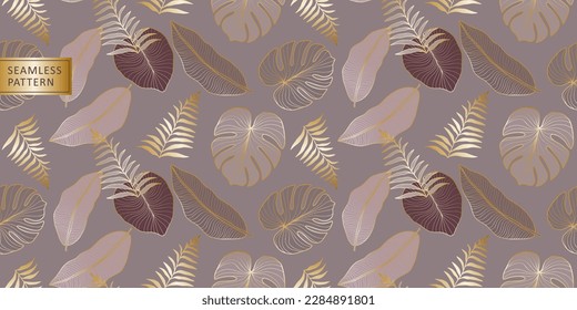 Vector de patrón tropical sin fisuras con hojas de palma doradas, hojas de plátano y helecho en un fondo beige. Patrón para textiles, papel de envoltura, cubiertas y fondos.