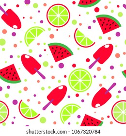 Vector seamless tropical pattern with ice cream, citrus and watermelon slices. Colorful background. For restaurant, cafe menu, design banners, wrapping paper, wallpaper, print on clothes, cover.