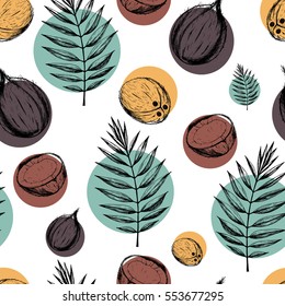 Vector seamless tropical pattern with ink drawn coconut and palm leaves on colored circle on white. Food illustration in vintage style for print, textile, wrapping and other seamless design.