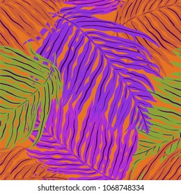 Vector seamless tropical pattern with large chunky palm leaves, in warm colors. 