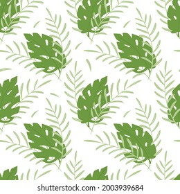 Vector seamless tropical pattern. Large succulent monstera leaves and jungle bush branches. Summer trending background or wrapping paper decoration.